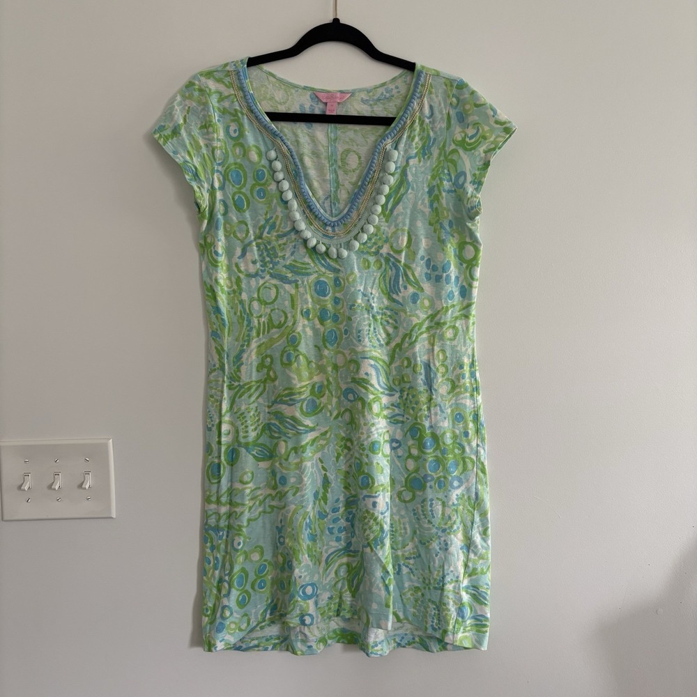 Lilly Pulitzer Floral/ Leaves Print Harper Pom Pom Summer Resort Midi Dress SzM